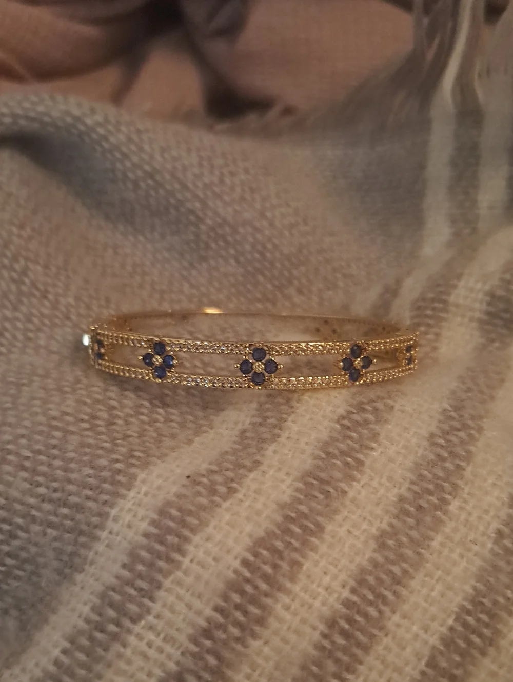 Gold Bangle Bracelet with Blue Gem Flower Accents - Women Jewelry